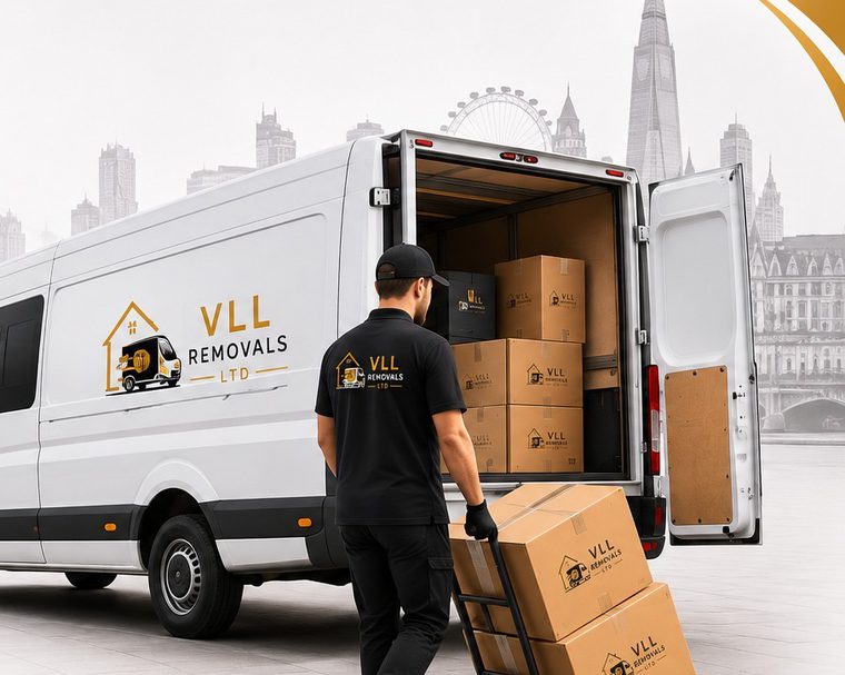 A VLL Removals van and crew loading boxes for a move